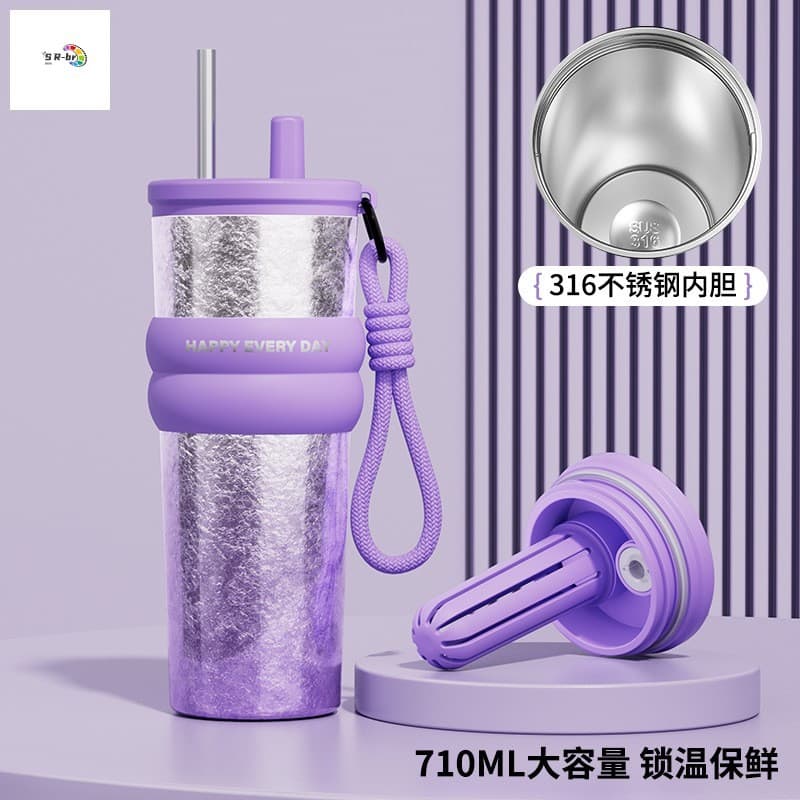 Copo De Aço Inoxidável 316 750ML Com Canudo-Coleção Luxe De Cristal Quente E Frio