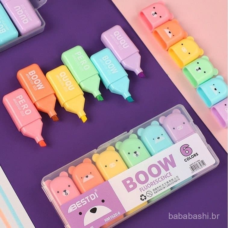 KIT COM 6 Mini Marca Texto Urso Ursinho (RM1520-6) Estojo Com TEXTO BOOW Roxo