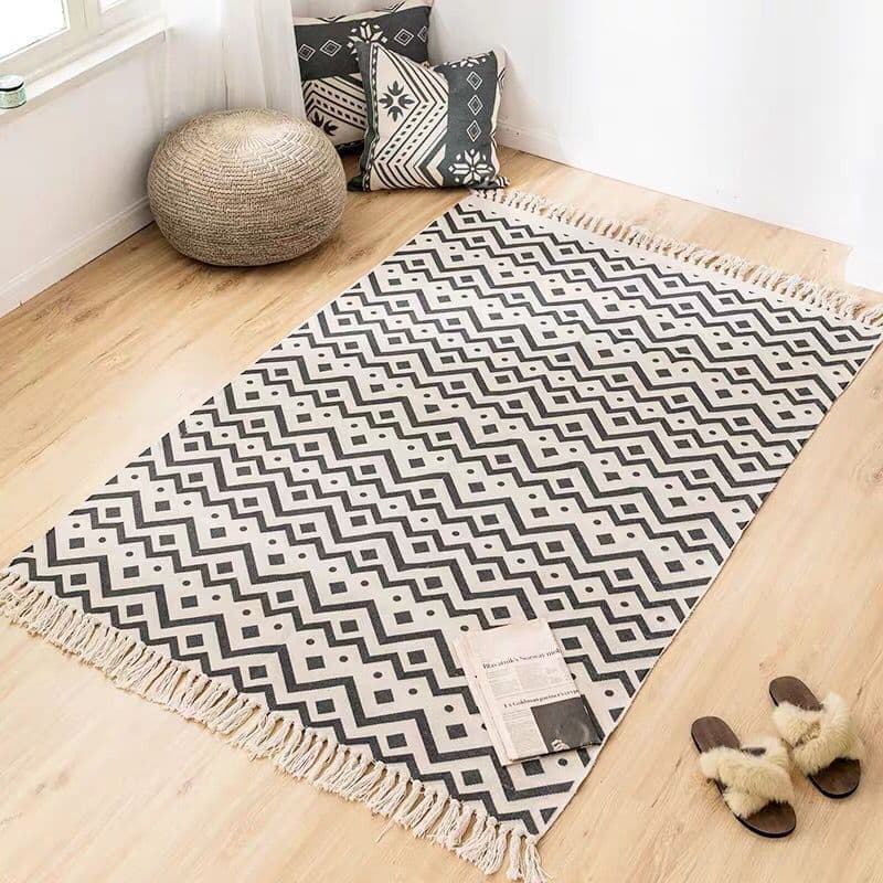 [Novo produto] Tapete retrô de algodão e linho com borla Tapete de cabeceira para quarto Tapete multifuncional para sala