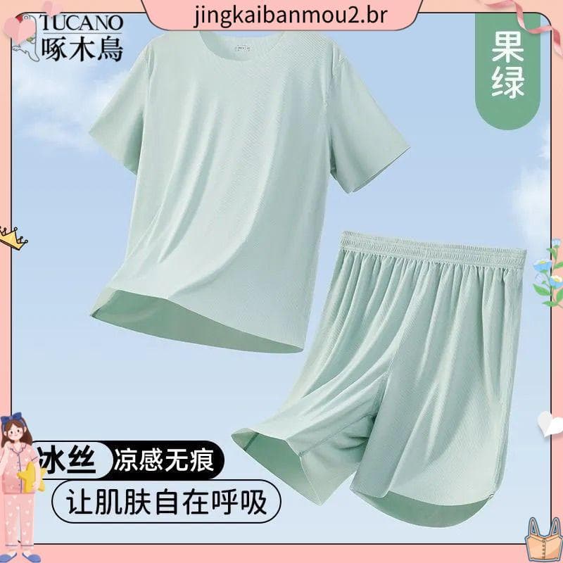 Woodpecker masculino Casual terno verão gelo seda legal sentimento sem costura pijamas de manga curta masculino solto gr