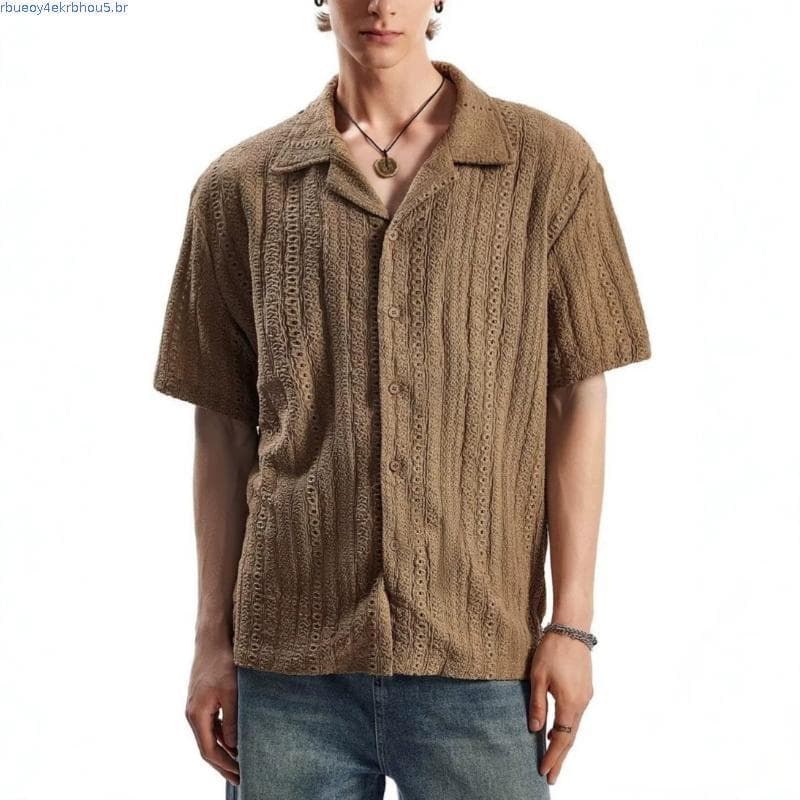 2025 Verão Novo Produto Masculino Textura Listrada m-fit Reto Manga Curta Casual Csa Simples 4159152