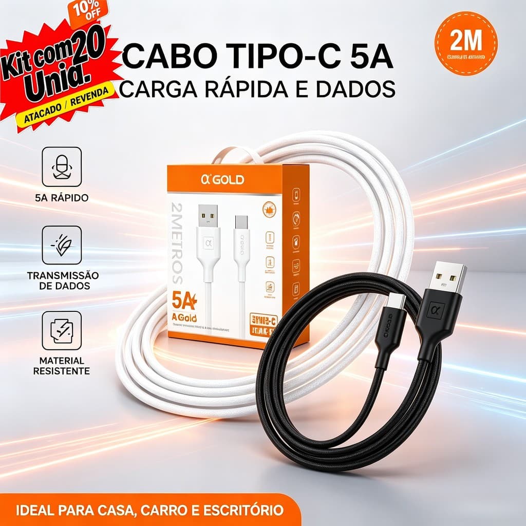 Atacado Kit Cabo 5A Rápido A Gold 2m Lightning e Tipo-C | Carregador Dados Alta Qualidade | Revenda Lote
