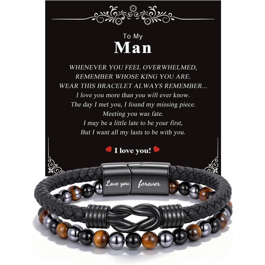 Presentes de Cura para Homens: Pulseiras Infinitas de Proteção Tripla com Gravação 'Amo Você Para Sempre', Sempre Ligado