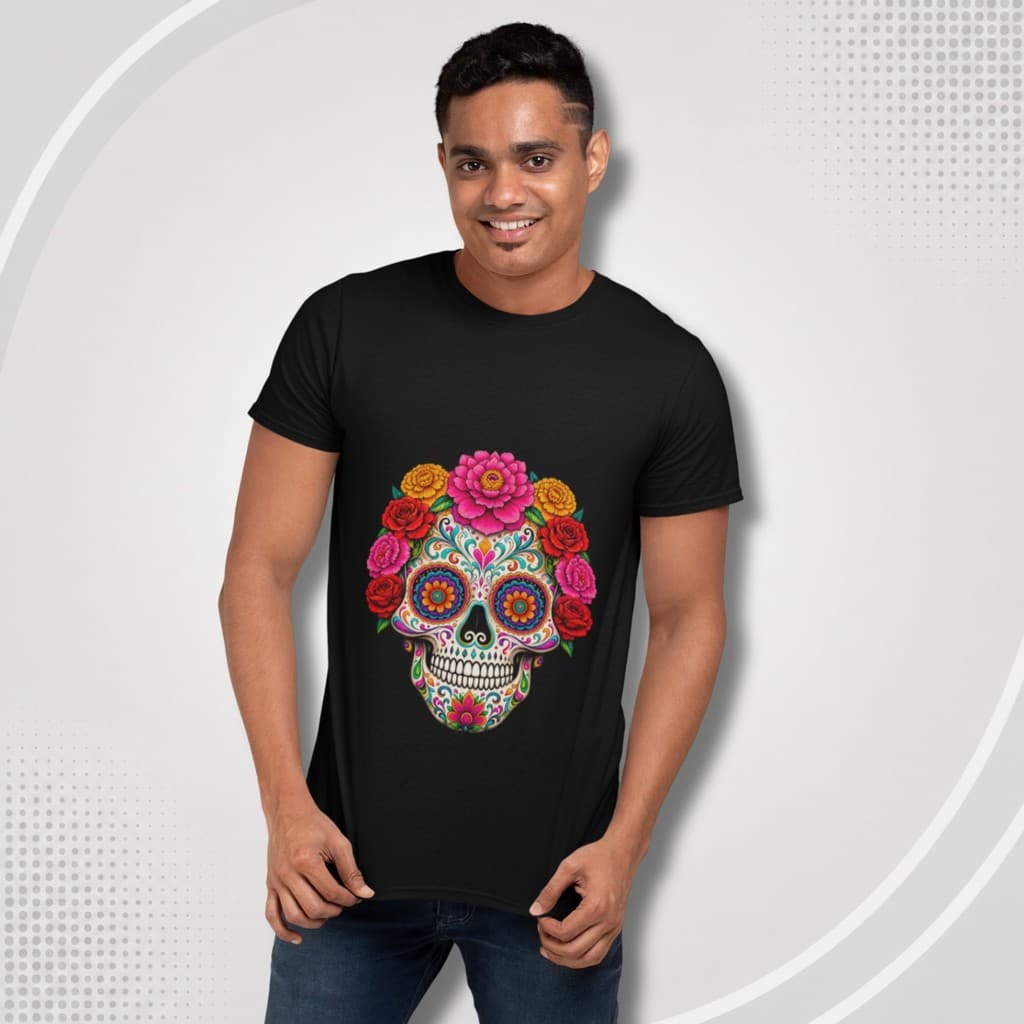Camiseta Caveira Floral Colorida – Skull Mexicana Unissex Premium