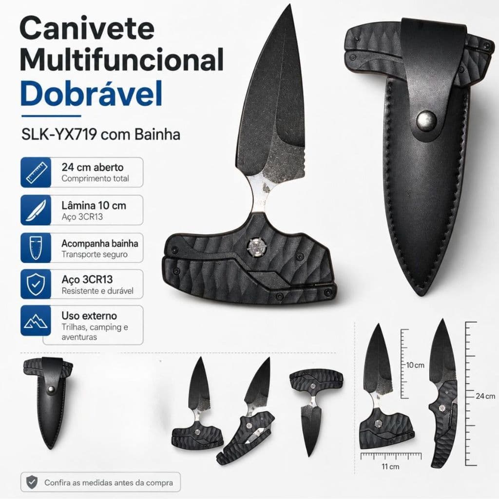 Canivete Multifuncional Dobrável SLK-YX719 com Bainha Lâmina 10cm Cabo Preto
