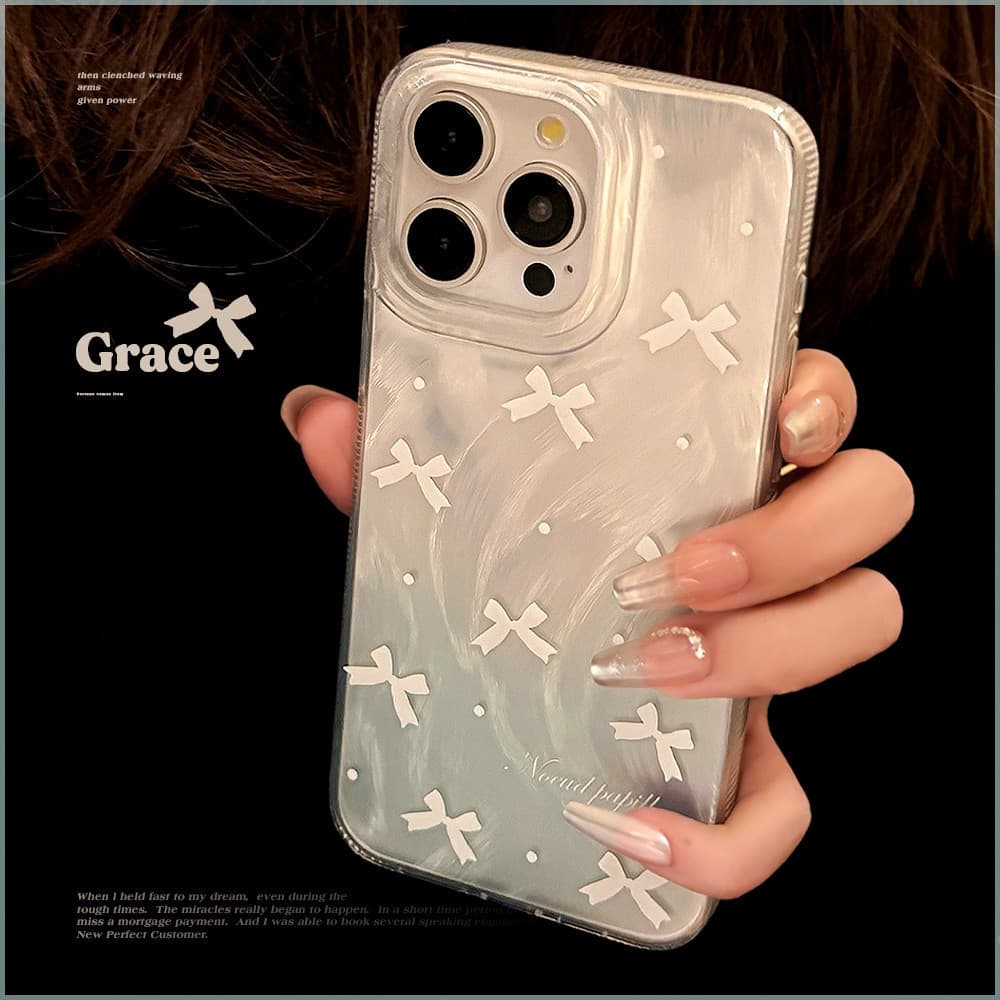 Capa para iPhone 15 com alça de pena e laço azul e branco em estilo coreano, 12 ou 14 peças.