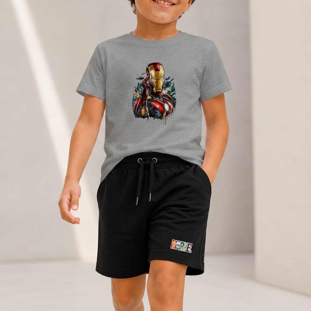 Kit Camiseta Infantil Menino Iron Man Homem de Ferro Rosto e Bermuda Moletinho