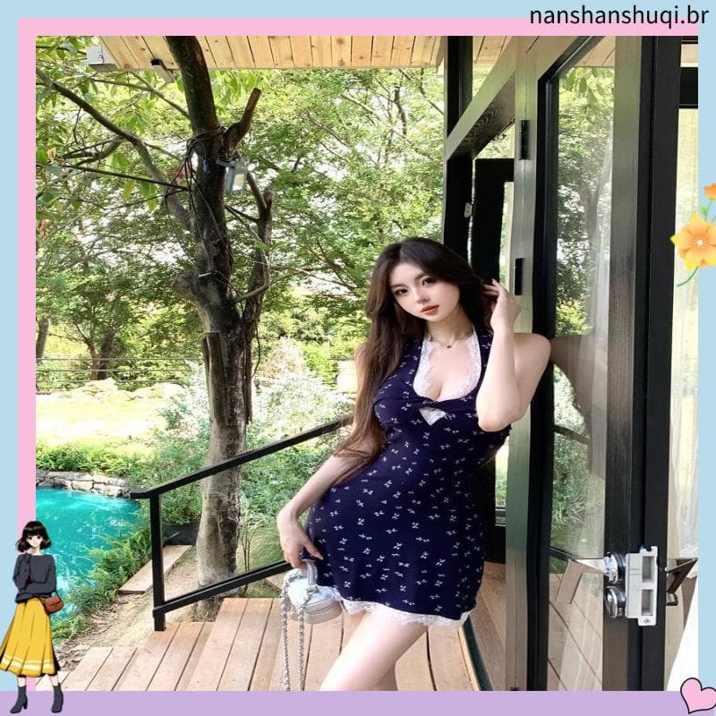 Verão quente menina pequena renda halter pescoço vestido Floral feminino temperamento halter francês fino-ajuste cintura