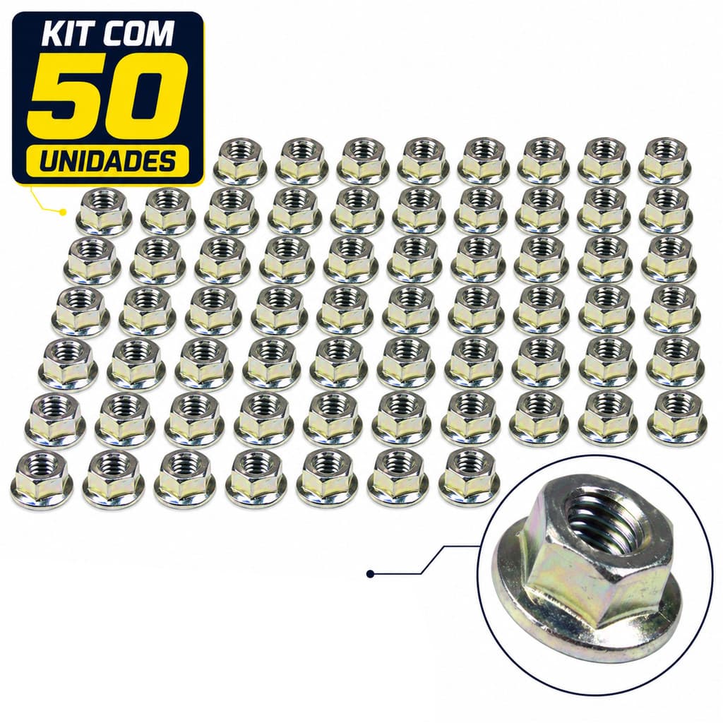 Kit 50 porca M8 sextavada com flange chave 12 zincada