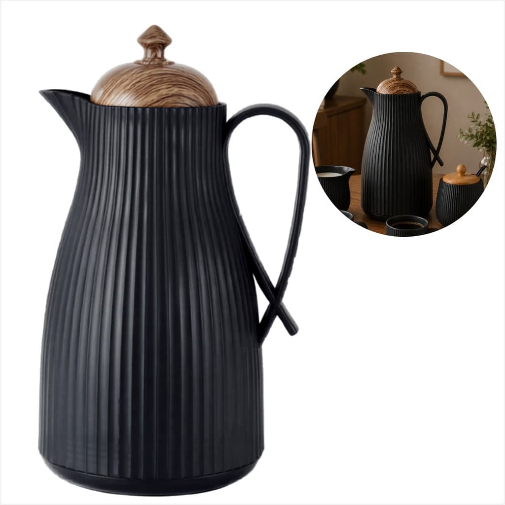 Garrafa Térmica Native 1L Café Chá Água Quente Preta com Alça e Tampa Amadeirada Premium