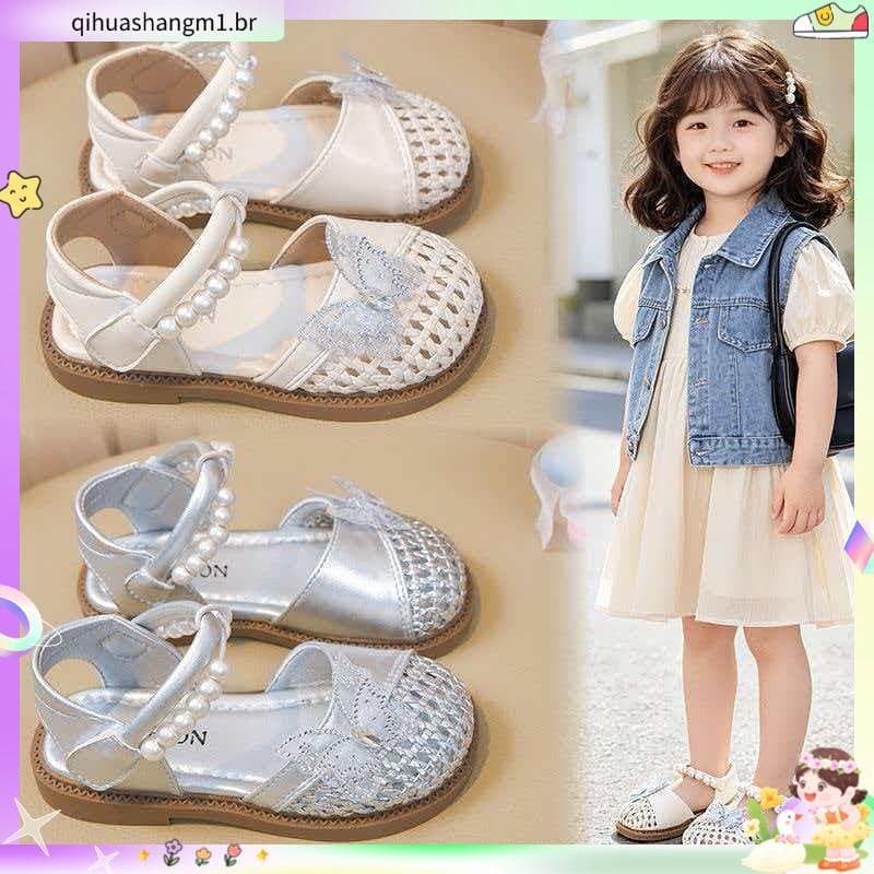 2026 oco menina pérola verão novo estilo moda princesa sapatos meninas tecido Toe-coberto sandálias sola macia sapatos