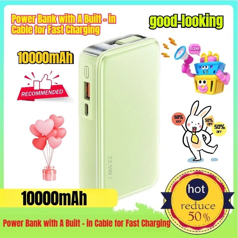 Novo Com Cabo Retrátil 10000mAh Power Bank Embutido Para Carregamento Rápido