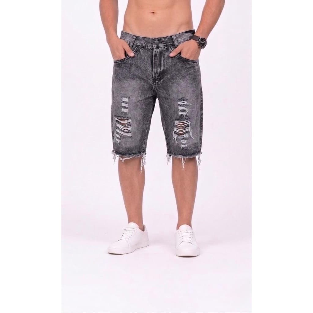 Shorts Jeans Masculino Slim Com Detalhes Rasgados