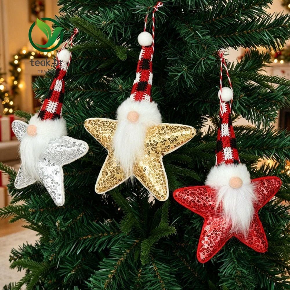 Ornamento De Suspensão De Papai Noel TEABR , Gnomo De Natal Em Tecido De Lantejoulas Forma De Estrela , Pendurado