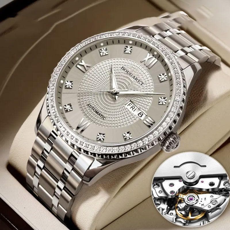 Relógio Masculino Automático Quartzo Luxo Diamante Calendário Duplo À Prova D'Água Visor Noturno Pulseira Aço Inox TOP