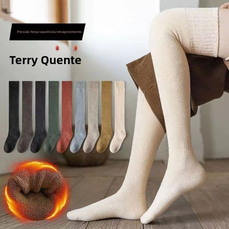 Meias longas acima do joelho em tecido felpudo espesso para outono e inverno, meias quentes forradas de lã, meias protet