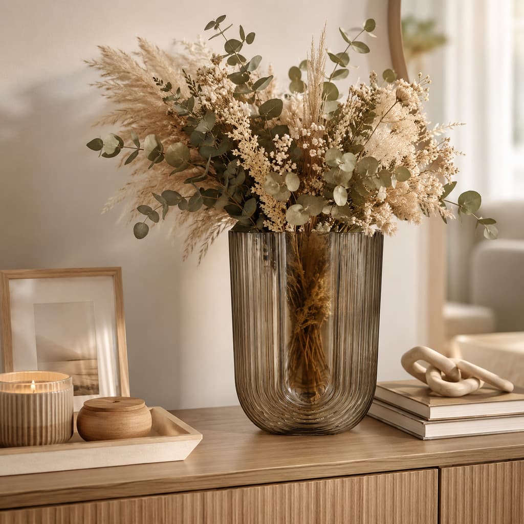 Vaso Vidro Fumê Alto Ondulado Arranjos Flores Secas 30cm