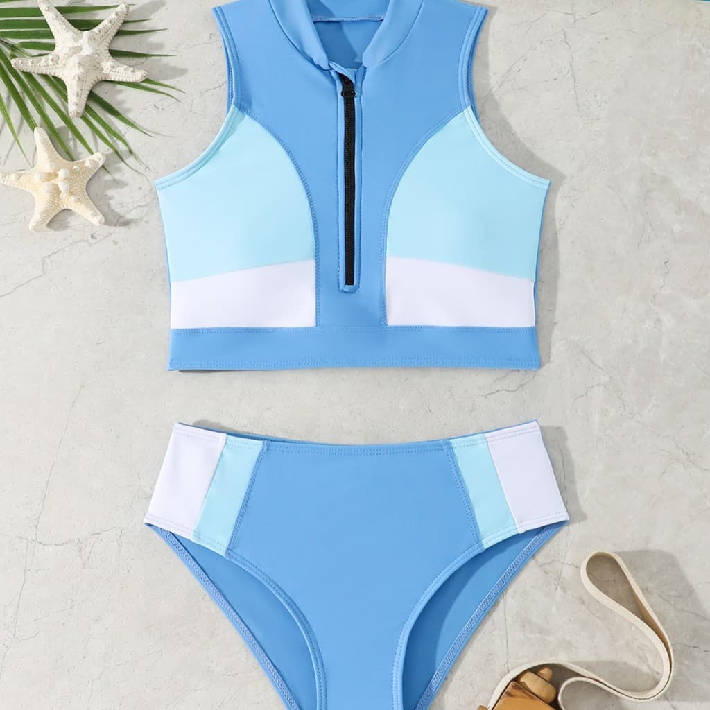 Menina Roupa De Banho Cintura Alta Meninas Com Zíper Praia Wear Crianças Férias Protetor Solar Biquíni