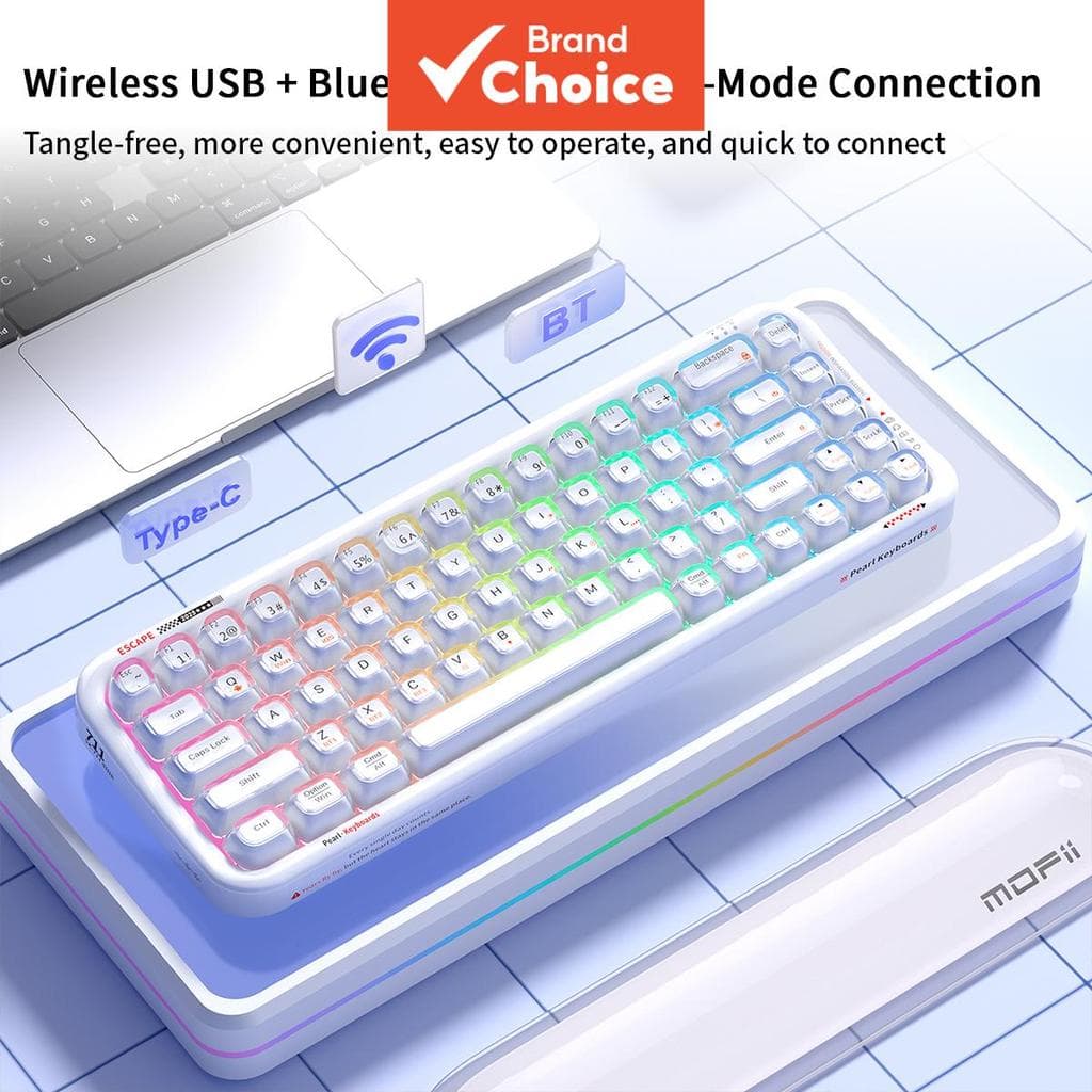 MOFii Pearl Teclado Sem Fio Tri-Modo Silencioso, Sem Teclado Numérico para Jogos, Compacto de Cristal Transparente com
