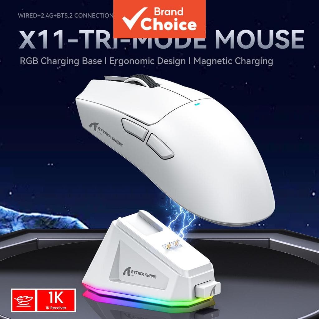Attack Shark X11 Mouse - Compacto PAW3311, mouse gamer com três modos sem fio, Bluetooth, recarregável com iluminação