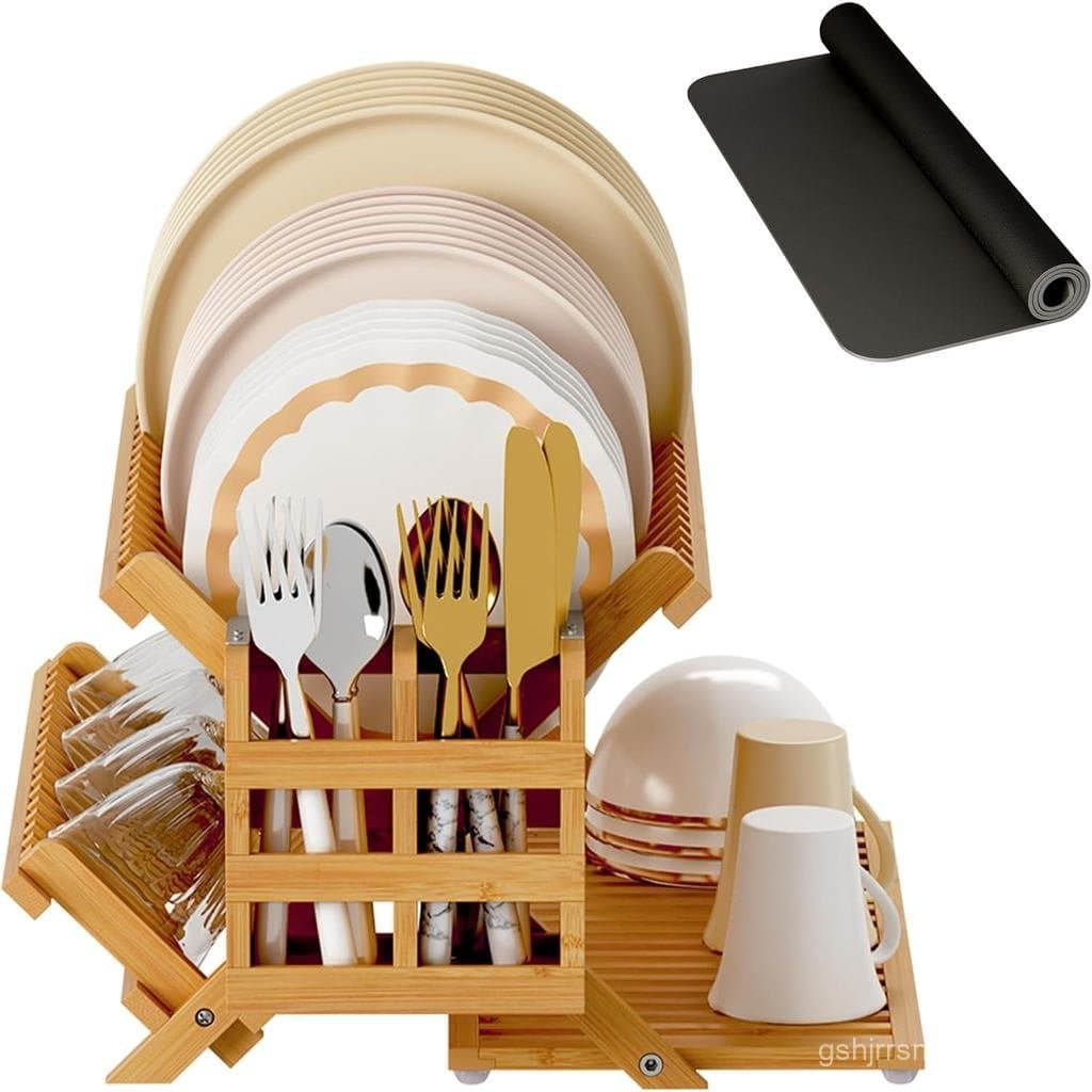 Escorredor de Louça de Bambu Greenual com para Utensílios, Escorredor de Louça Dobrável de 3 Níveis, Escorredore