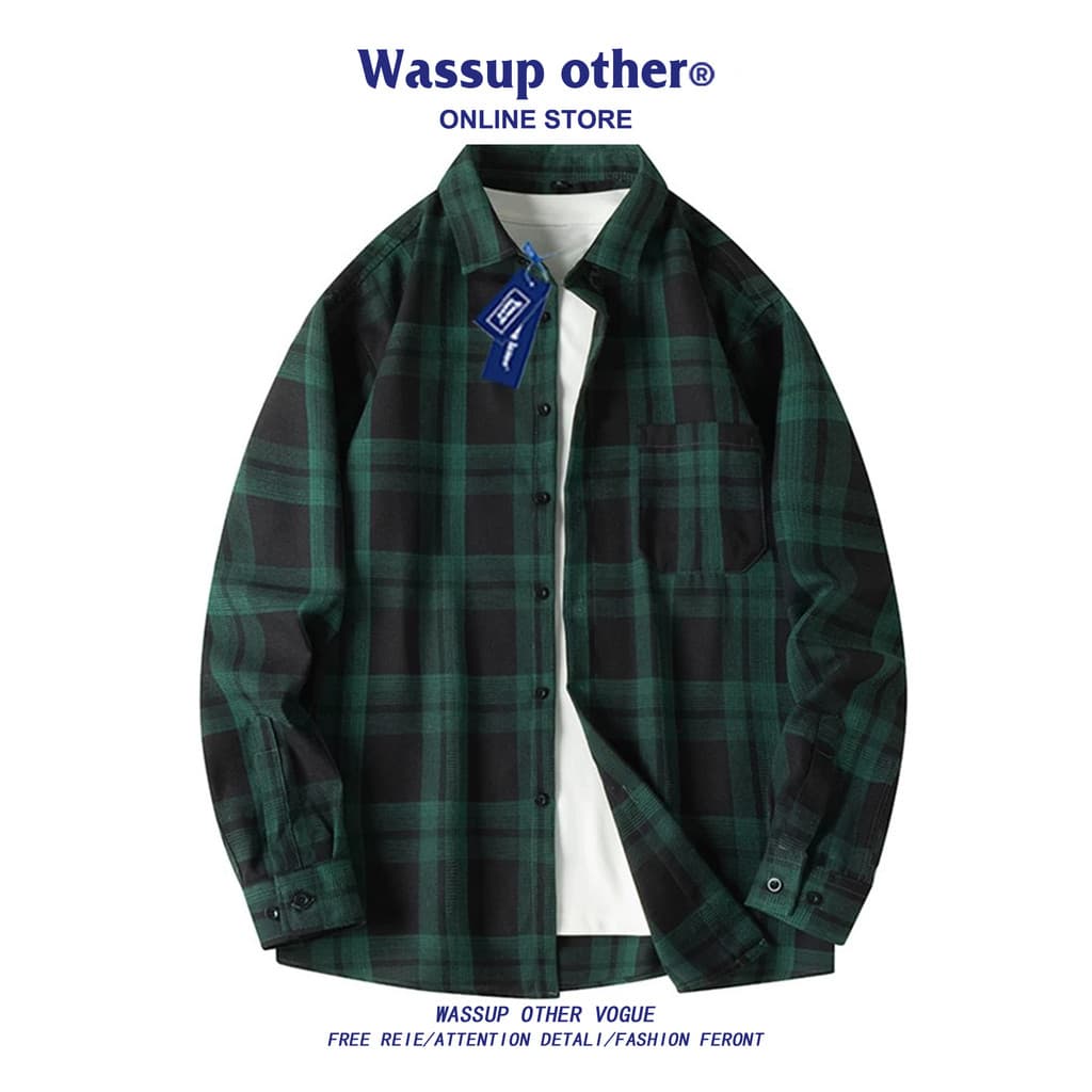 WASSUP OUTRO Americano Retro Xadrez Camisa de Manga Comprida Masculina Primavera Outono Moda Camisa Casual Jaqueta Mascu