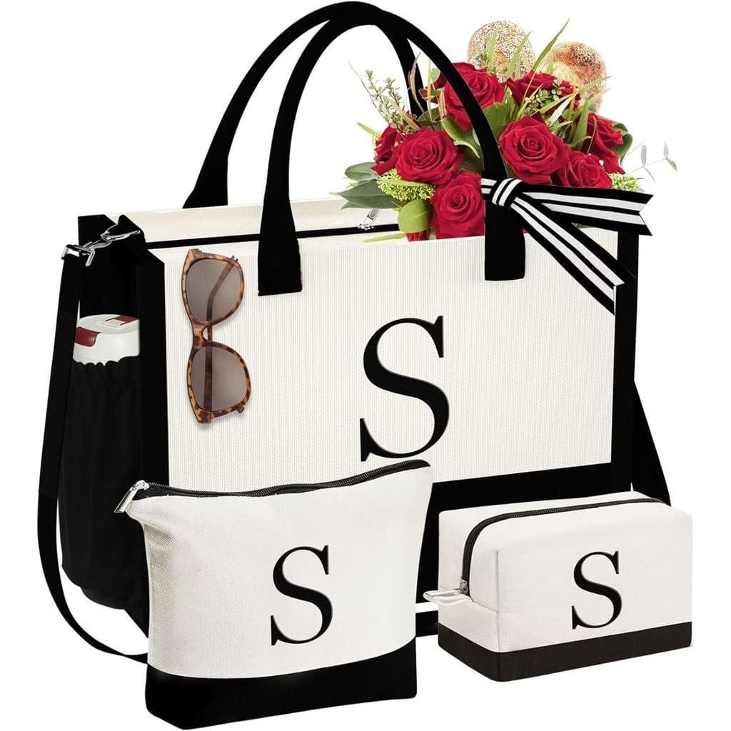 Presentes para o Dia das Mães YOOLIFE - Bolsa de Lona com Inicial e Nécessaire, Presentes de Aniversário para Mulheres,