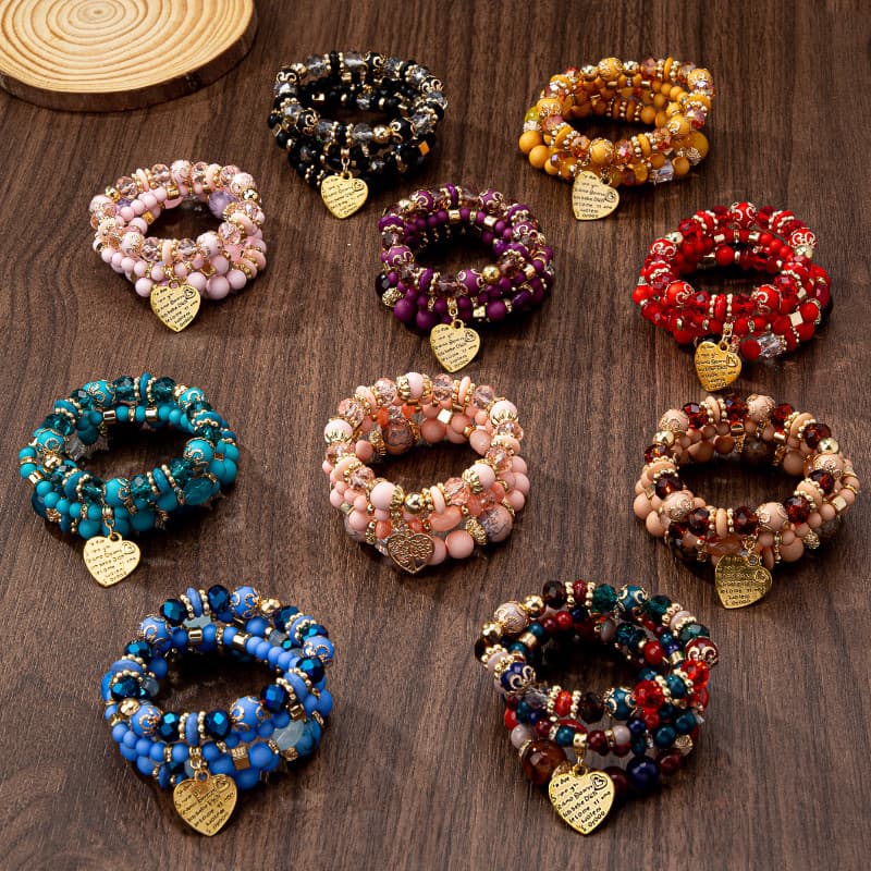 Pulseira feminina de corda elástica com contas de madeira multicamadas estilo boêmio