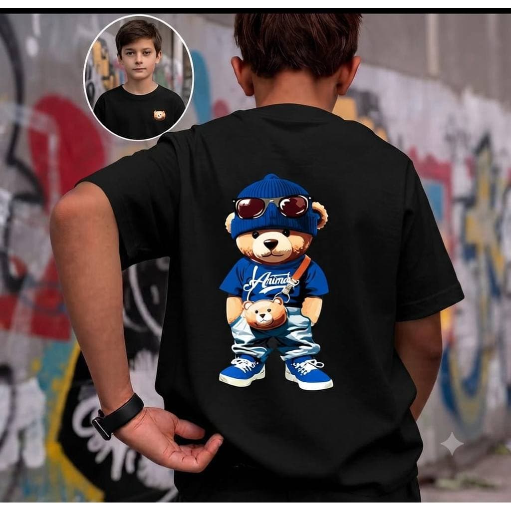 Camiseta Infantil Urso Estiloso Azul Moda Kids Estampada Premium Tendência Meninos 100% Algodão