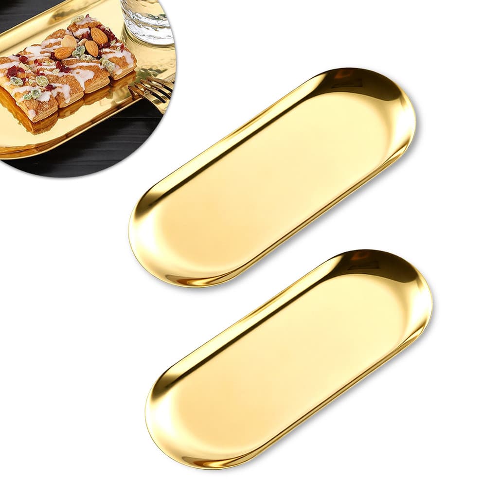 Kit 2 Bandeja Dourada Espelhada Inox Luxo Decoração Aço Jóias Alimentos Presente Elegante