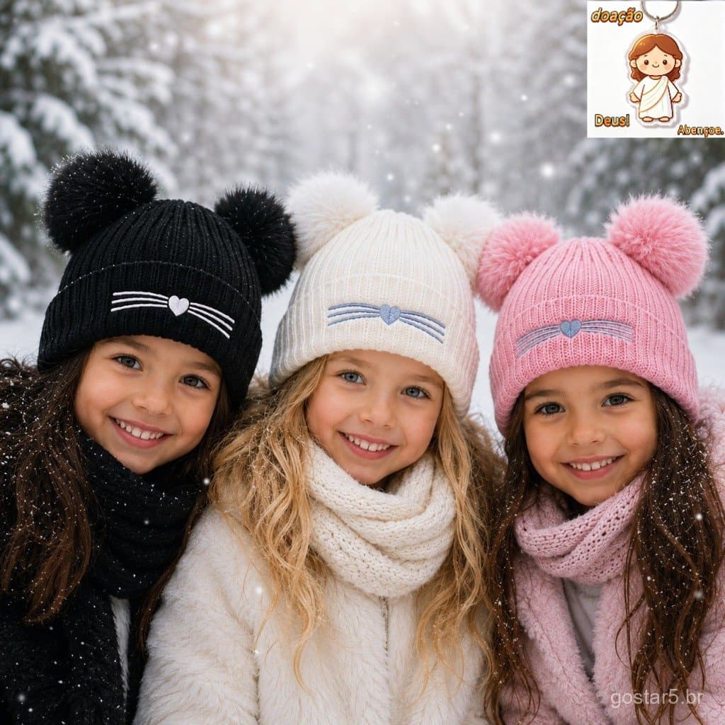 Touca Infantil Gatinho Gorro com Forro de pelúcia Outono Inverno 1870