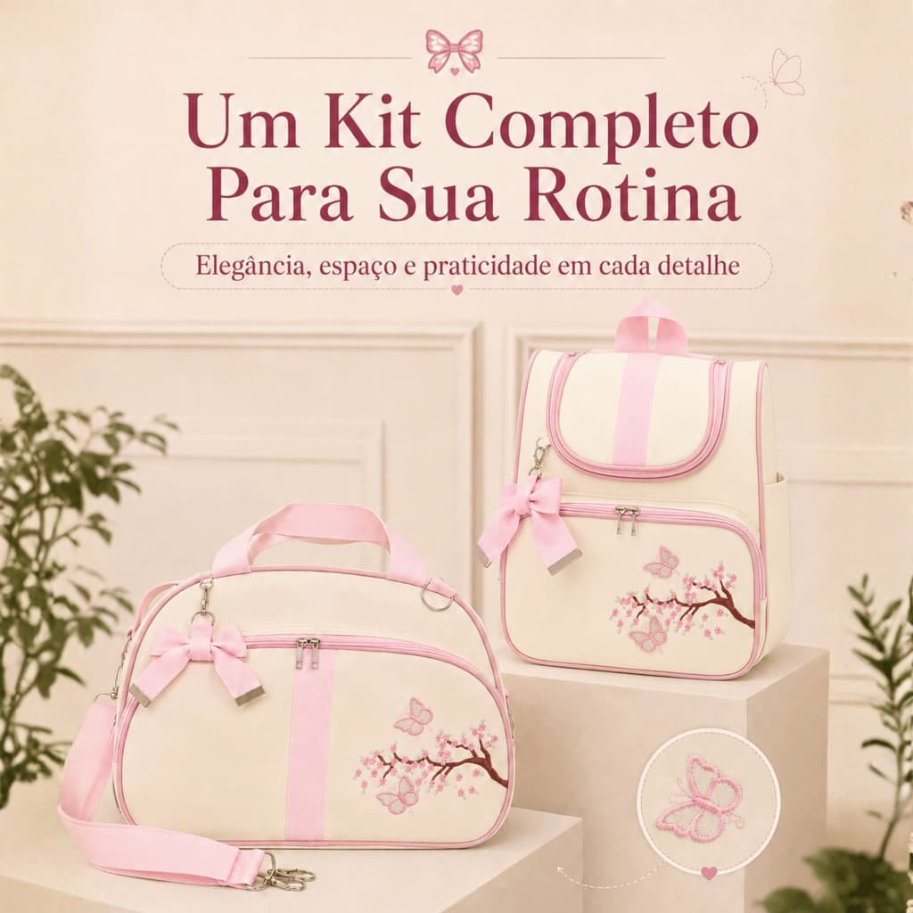 Bolsa de Maternidade Rosa Kit Mala Mochila Bebê Menina Luxo Bordada Borboletas 3D Impermeável Analu Baby