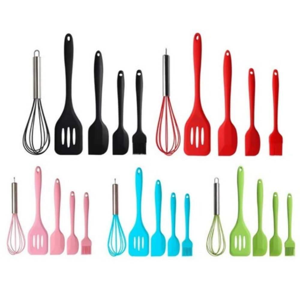 Utensílios de Cozinha em Silicone 5 Peças, Colher, Espátula, Fue, Pincel e Batedor de Ovos Resistente ao Calor