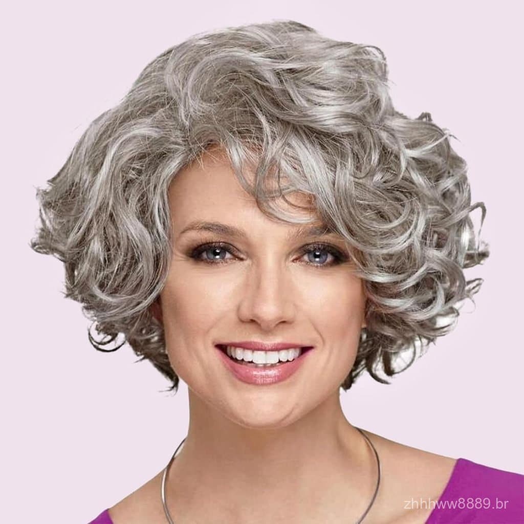 Novo modelo de peruca feminina de fibra sintética curta e encaracolada cinza, estilo europeu e americano, fabricada em X