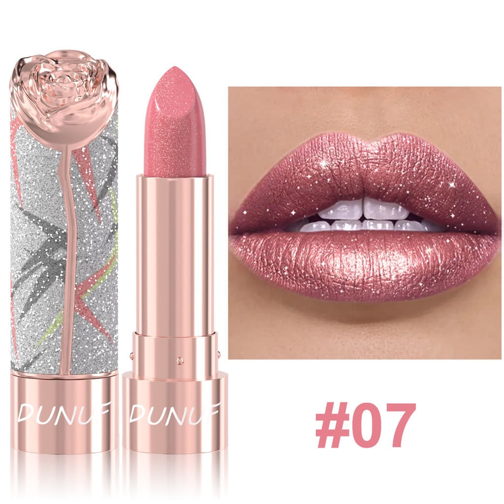 Batom Metálico Com Brilho DUNUF NETOREENE SPARKLE , Maquiagem Labial Deslumbrante Em Ouro Rosa Brilhante , Fosco De Velu