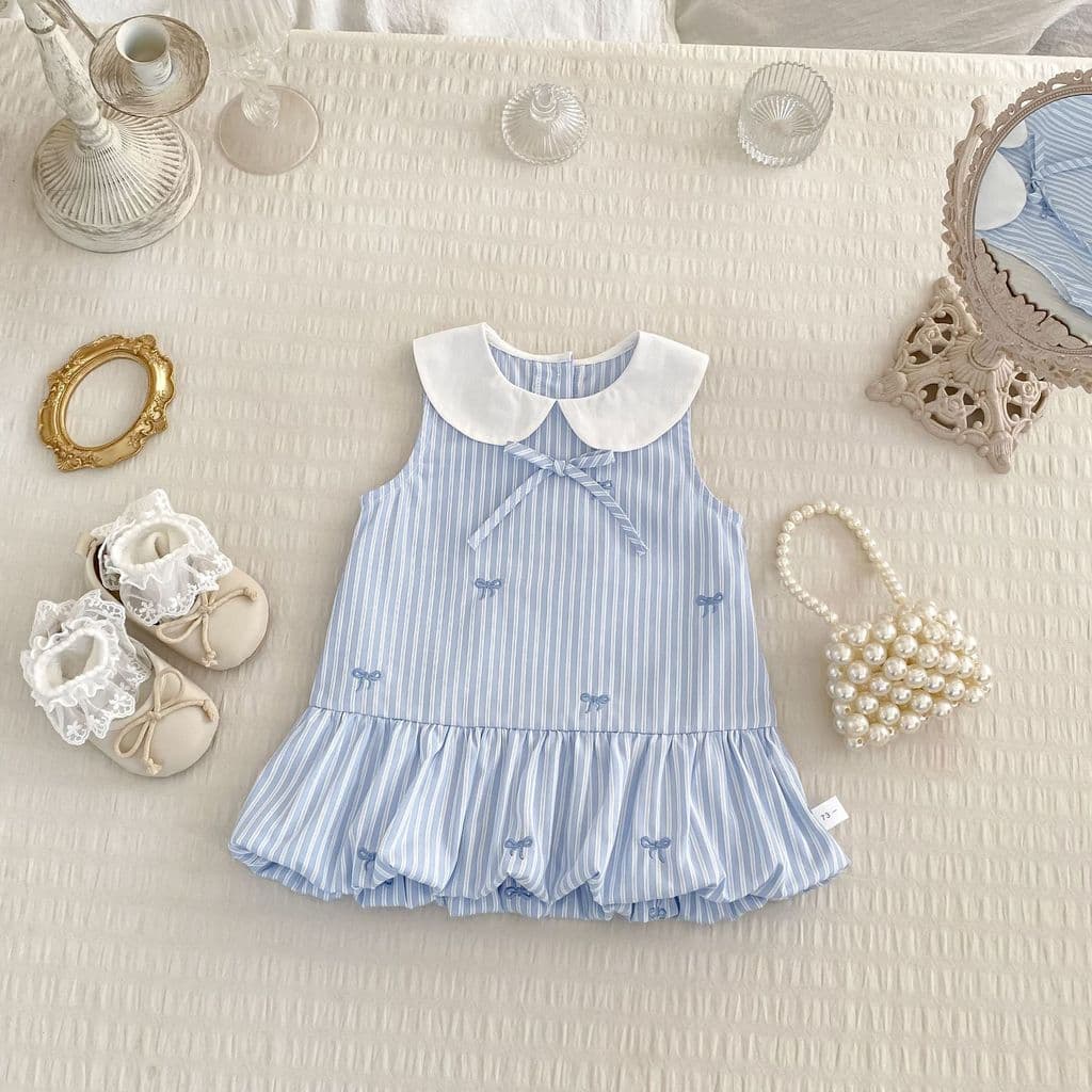 2026 verão meninas colete saia sem mangas Bowknot bordado Bud saia bebê menina estilo Preppy vestido listrado