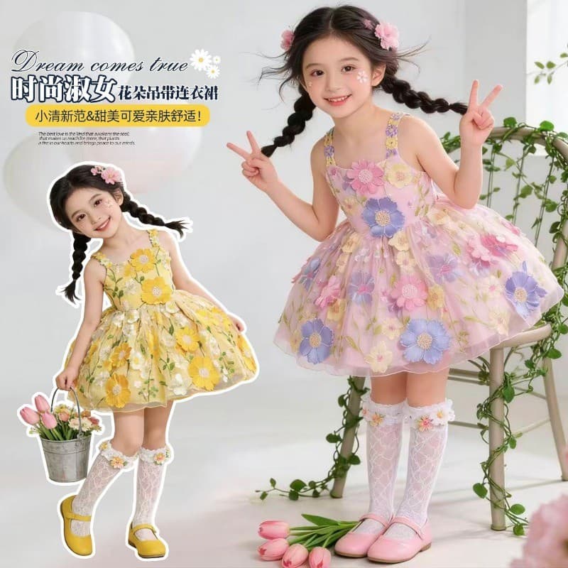 3D Floral Doce Vestido Verão 2026 Novo Estilo Estilingue Saia Inchada Para Meninas Princesa Roupas De Moda Infantil
