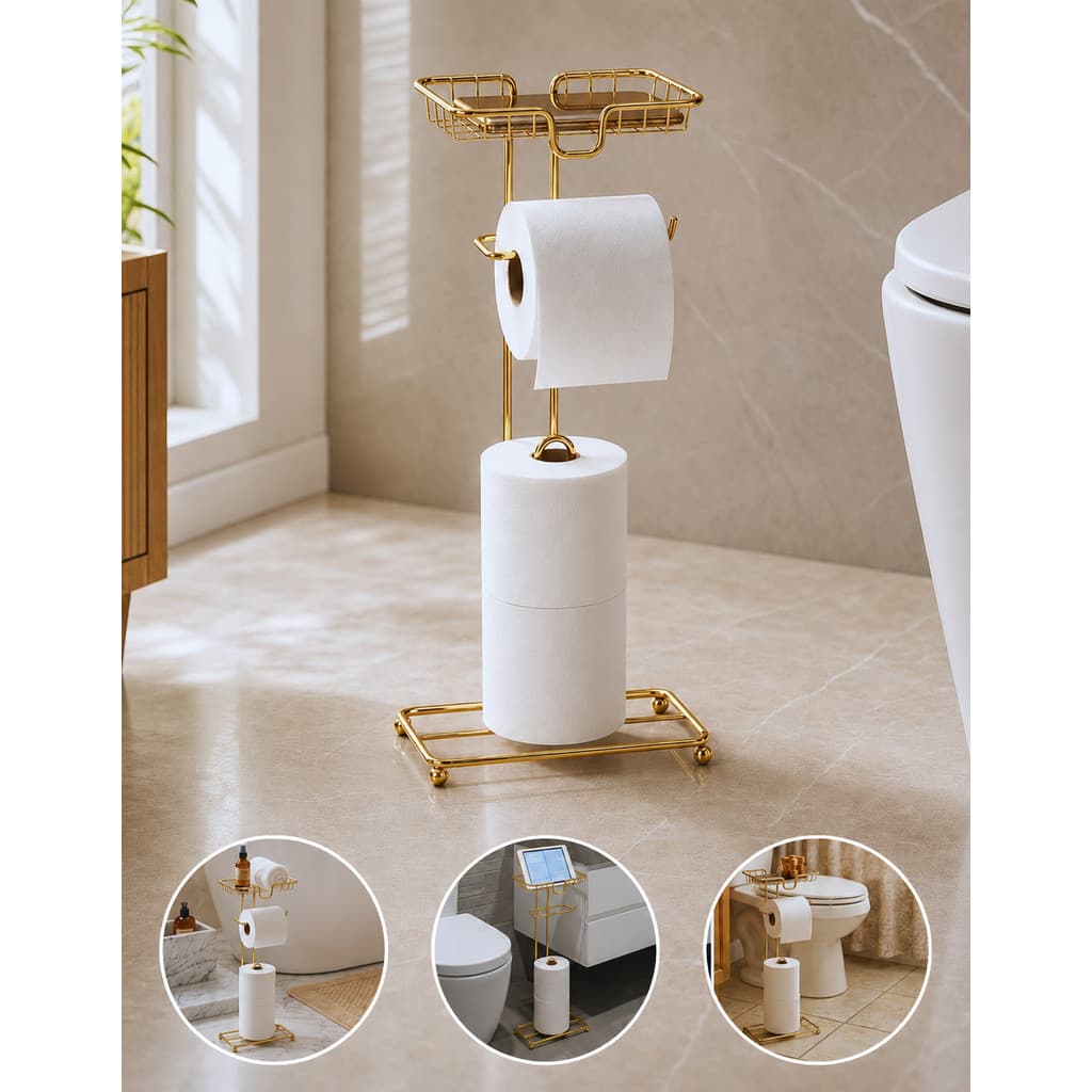 Porta Papel Higiênico de Chão Dourado Fosco com Suporte Celular para Banheiro Moderno Luxo