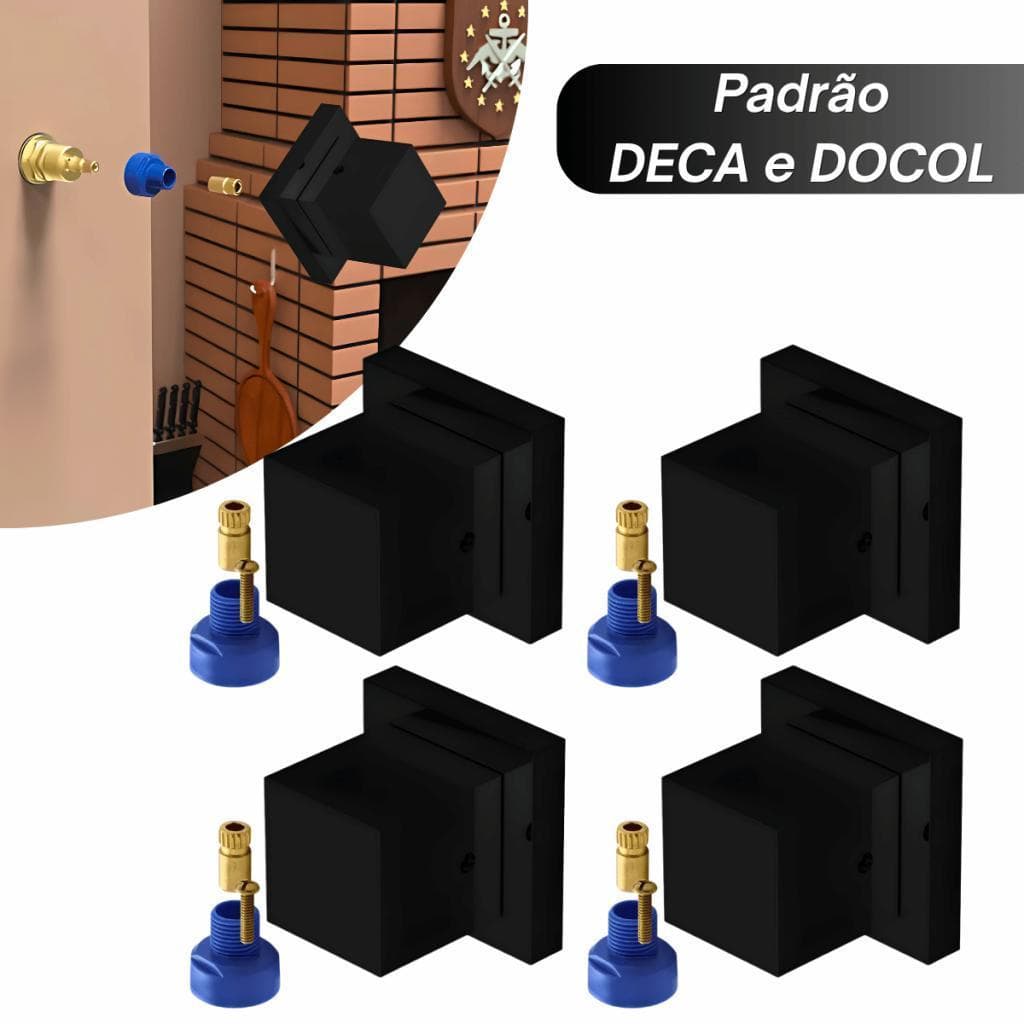 Kit 4 Acabamento 100% Metal Preto + 4 Conversor Docol x Deca Ideal p/ Registro Docol e Deca Banheiro