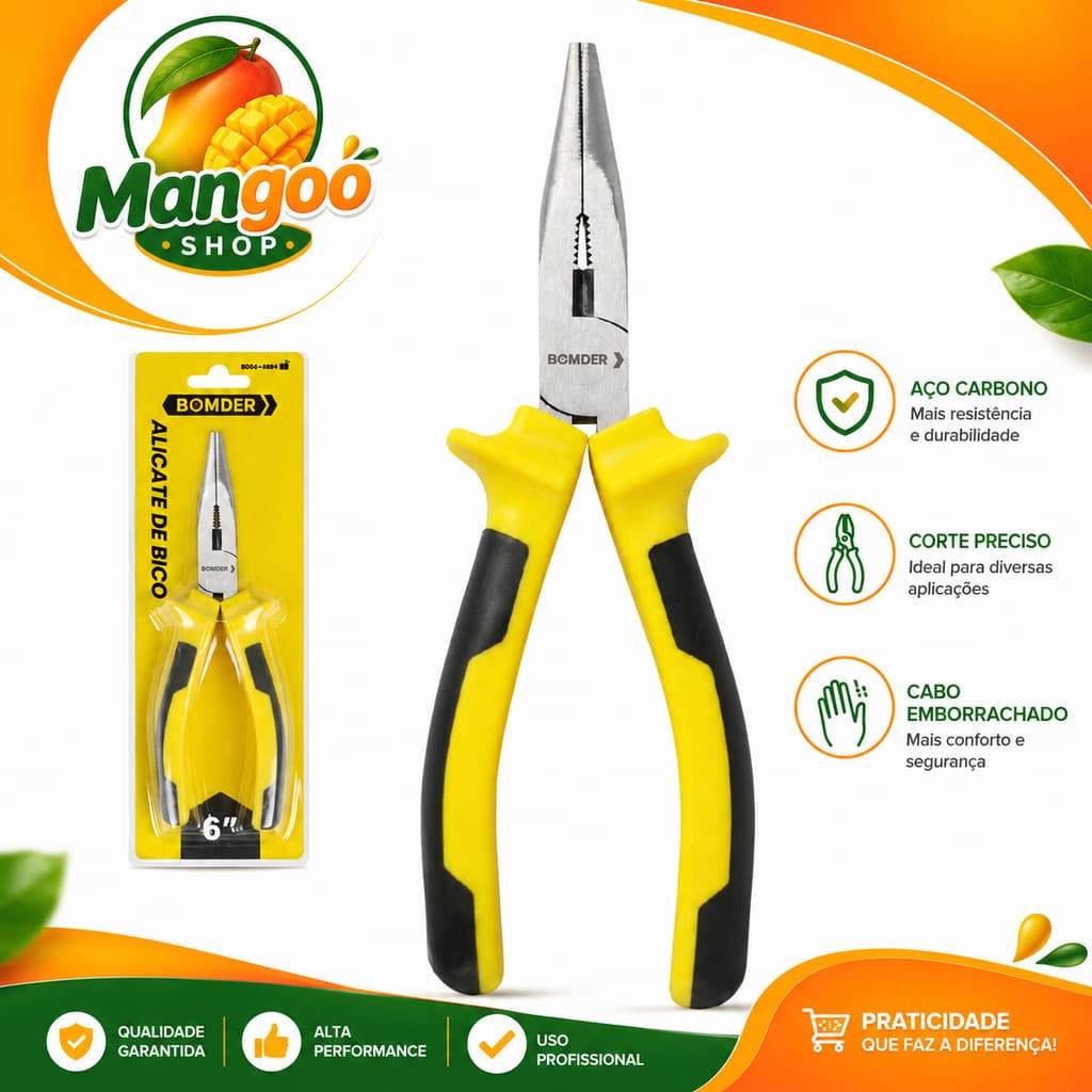 Alicate De Bico Fino Longo 6 Polegadas 165mm Cabo Emborrachado Ergonômica Meia Cana