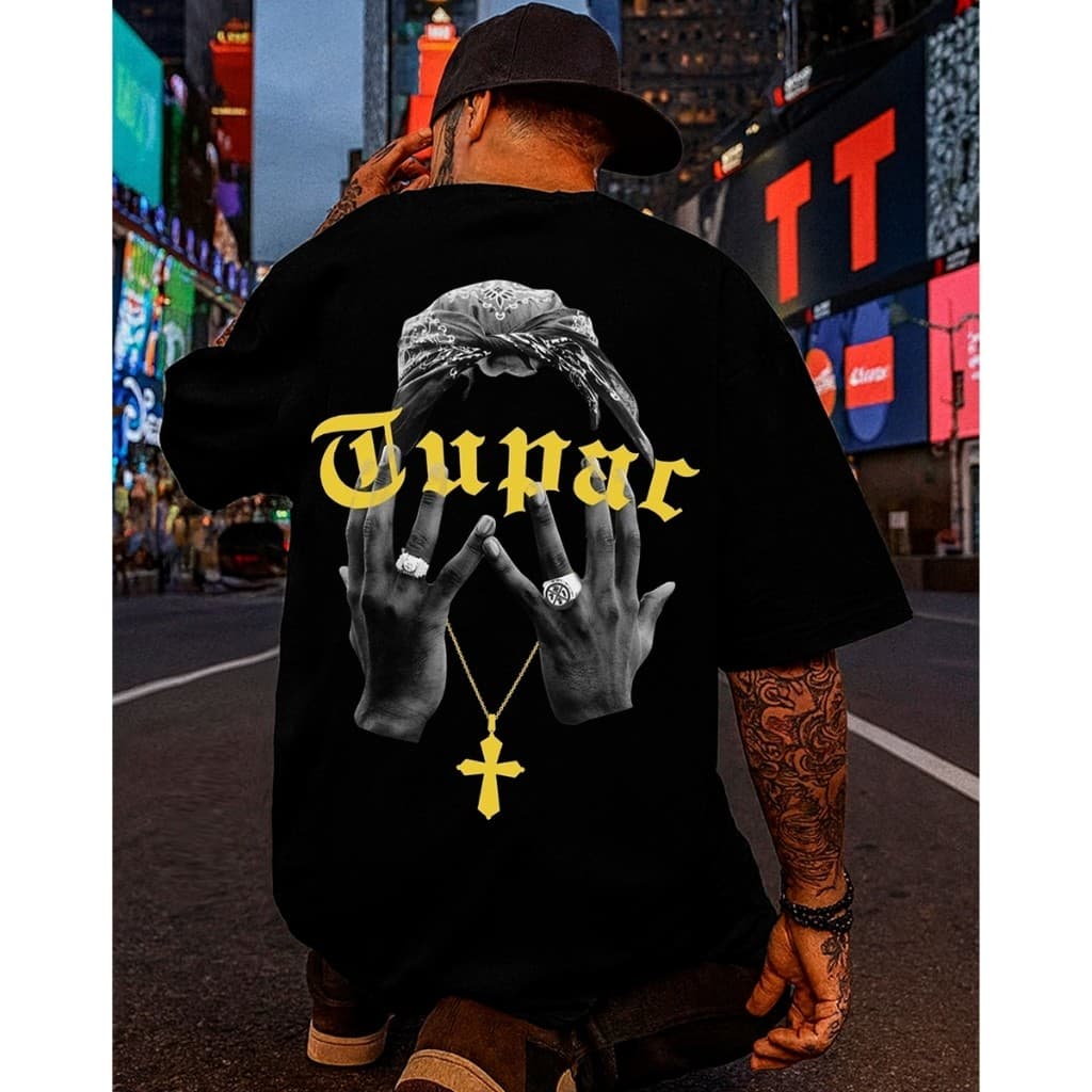Camiseta Oversized Streetwear Tupac 2pac Hip Hop Masculina Desenho Frente e Costas Penteado Básica
