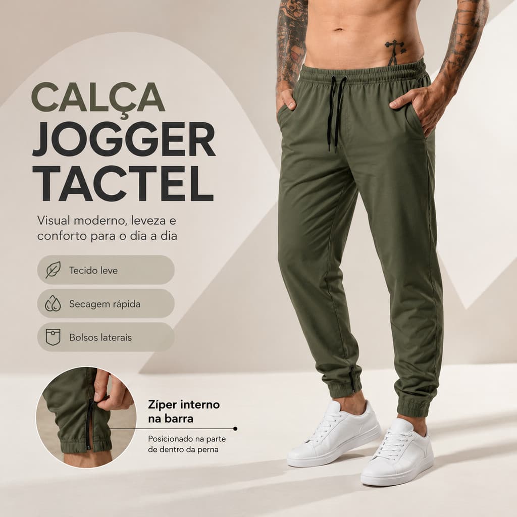Calça Masculina Jogger Tactel Com Elastano Bolso Lateral Cordão E Zíper Na Barra