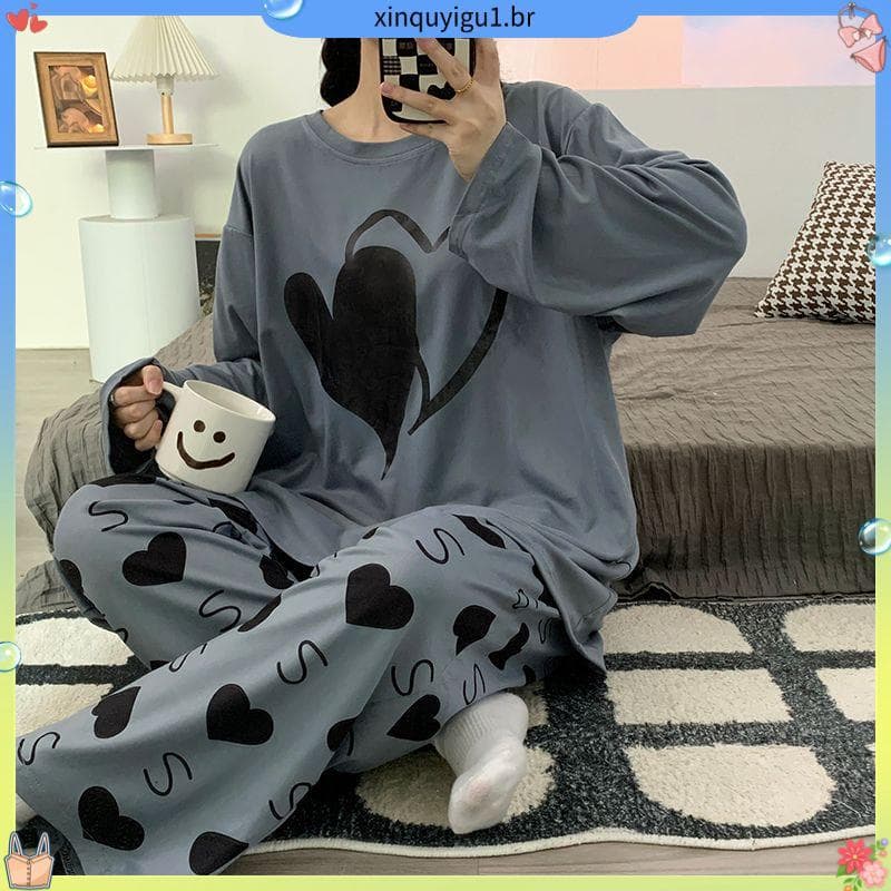Outono Plus Size 150kg gordura mm pijamas senhoras solto Casual Loungewear calças de manga comprida pode usar fora irmã