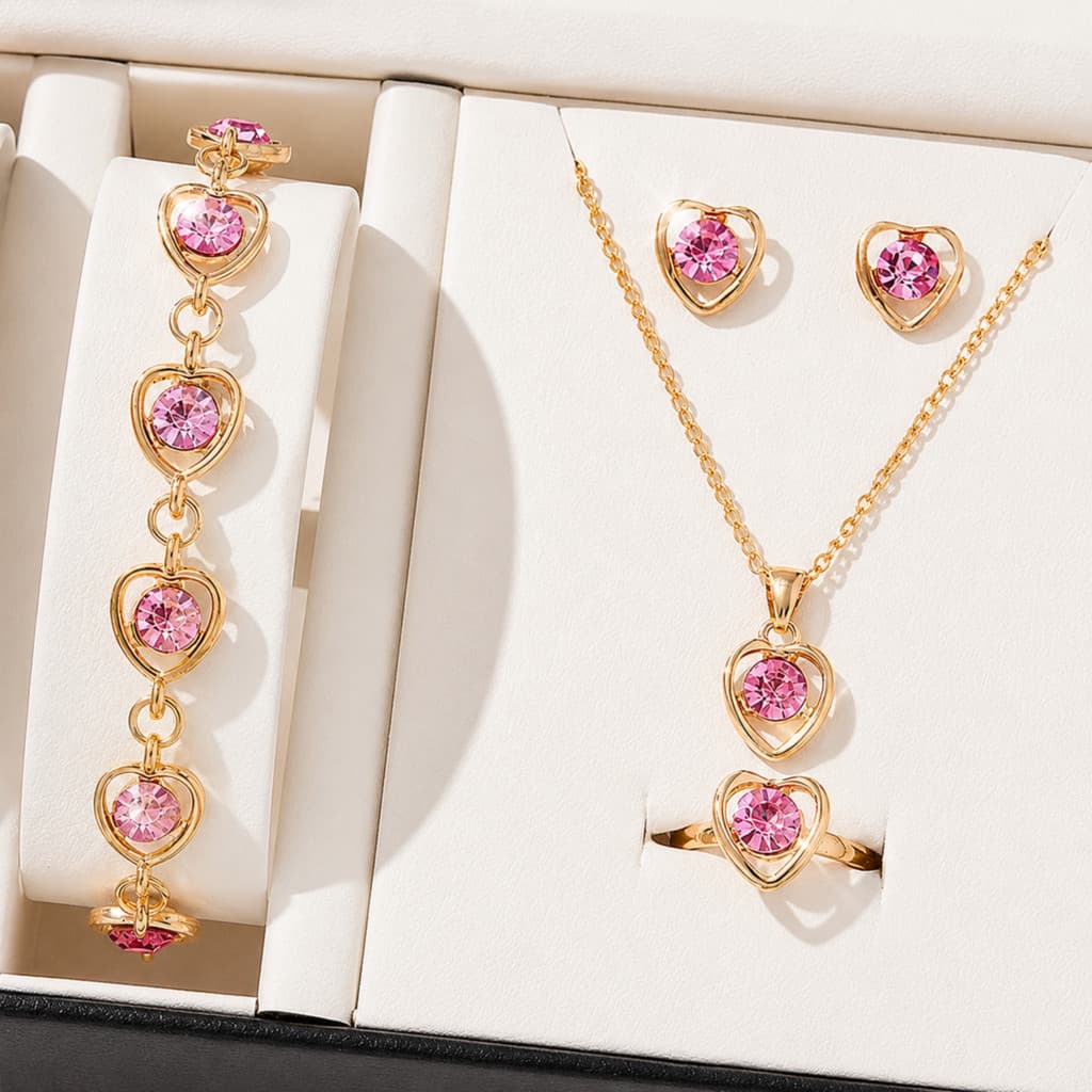 4 Pçs Luxo Coração Forma Conjuntos De Jóias De Colar Anel Brincos Pulseira Para Mulheres Acessórios De Casamento Nup