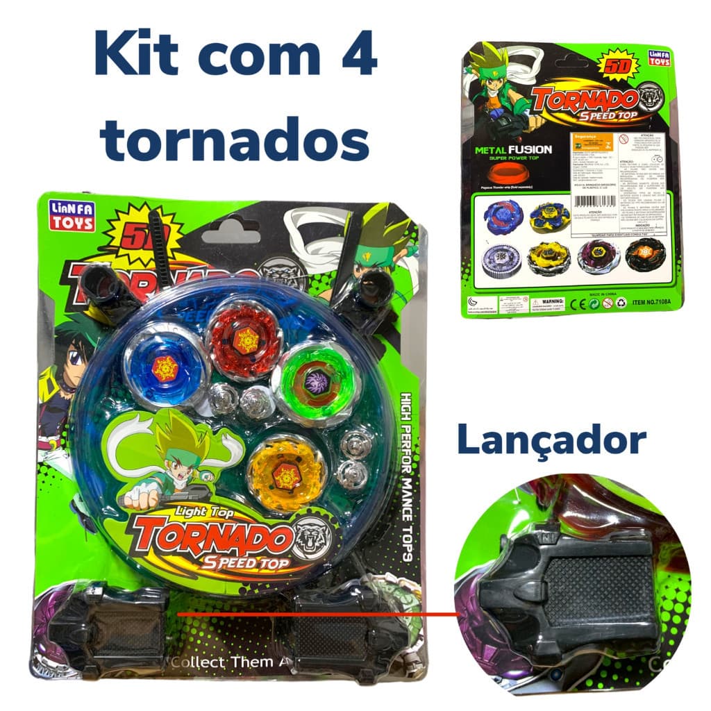 Kit beyblade com 4 Tornado c/ arena.