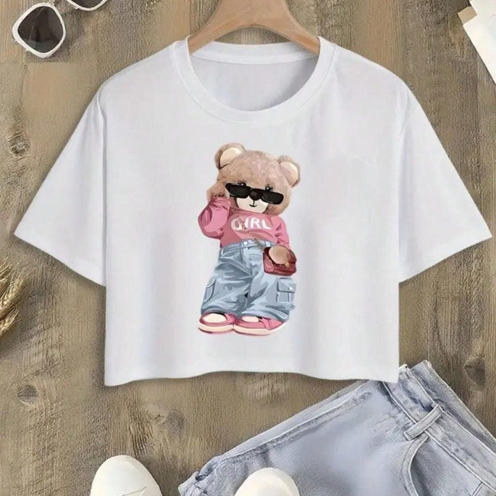 Cropped Feminino Estampa Urso Top Curto Preto Rosa Look Casual Solto Blusinha Versátil