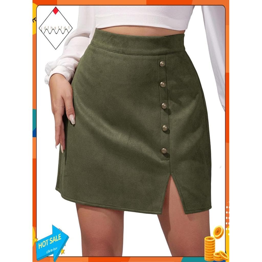 [Promover J] Mini Saia Feminina De Camurça Sintética Com Fenda Cintura Alta Botão Frontal Evasê Bodycon Saias Curtas Ver