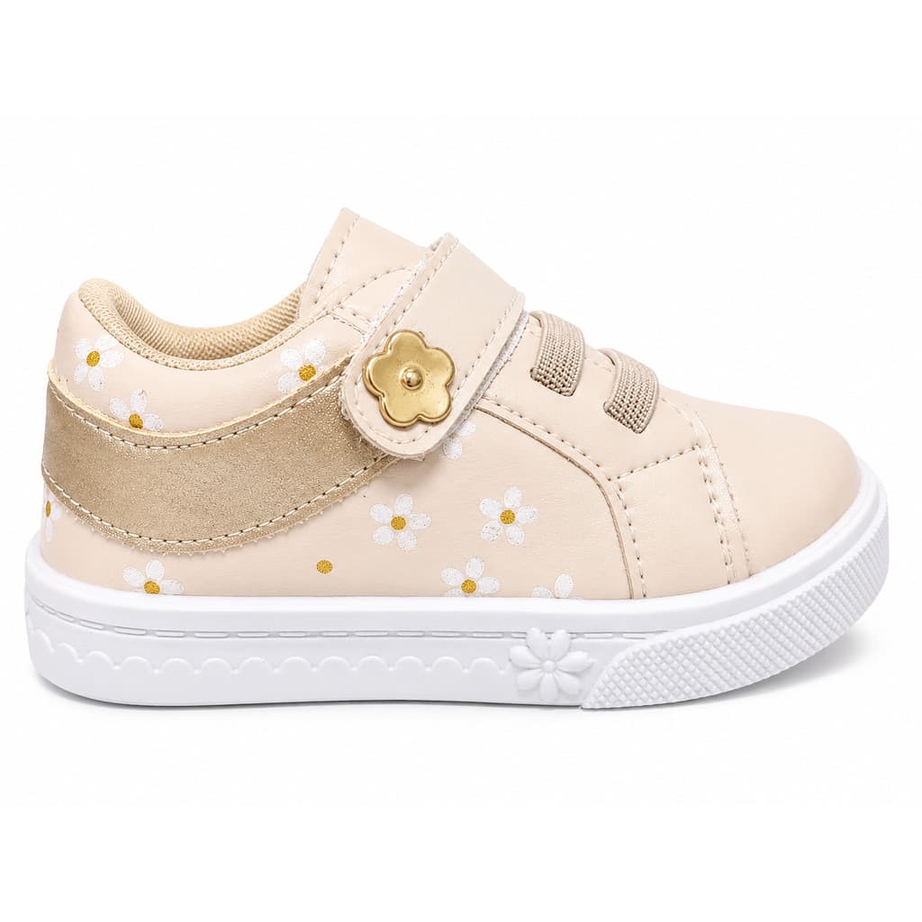 Tênis Infantil Menina Bege Flor Dourada
