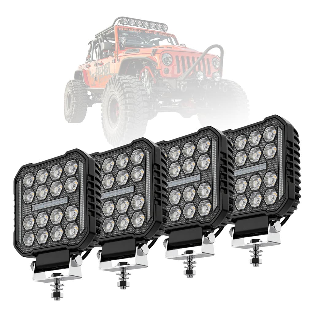 4un Farol Milha Led Quadrado Bivolt 48w Off Road Farolete Universal Automotivo Trator Potente Strobo