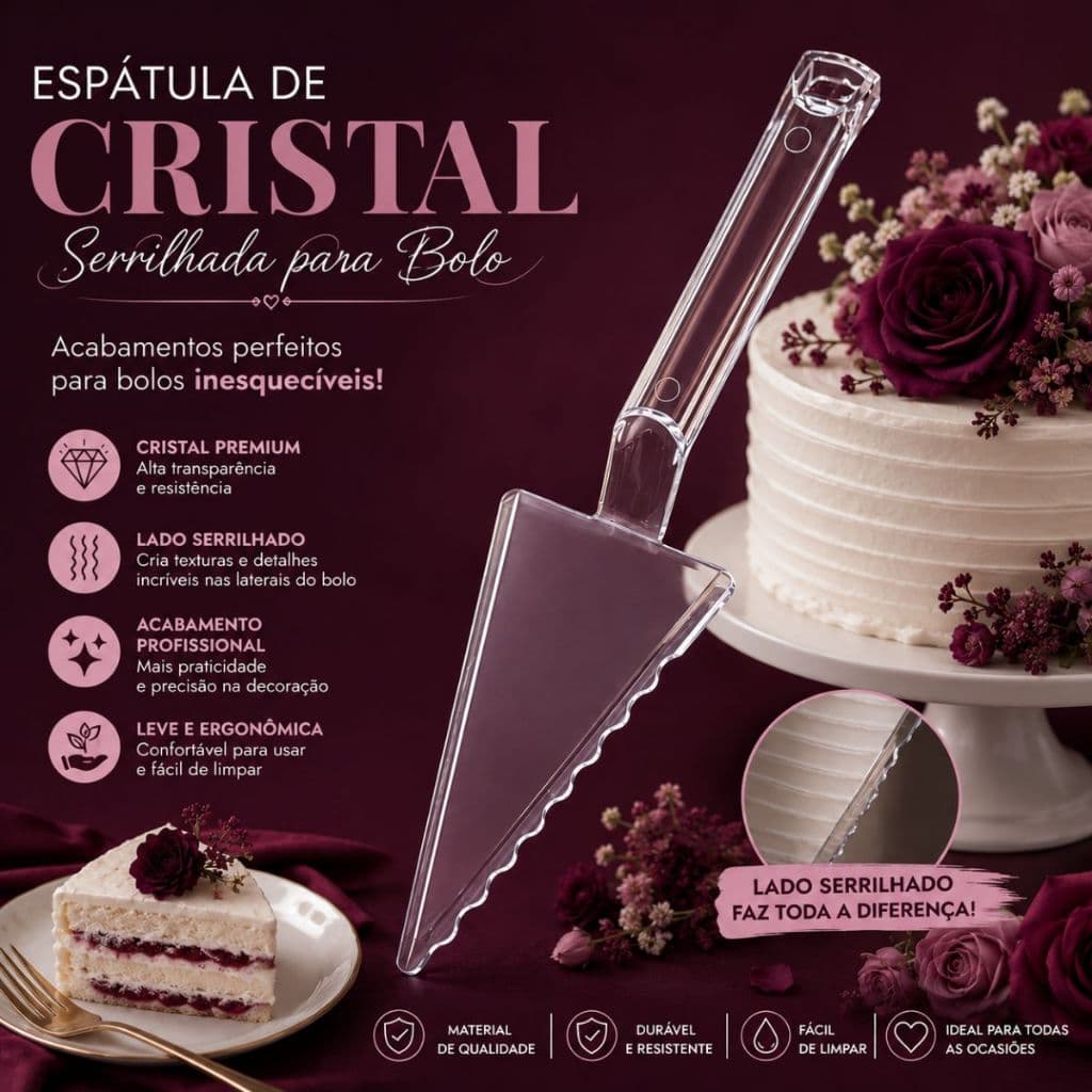 Espátula Cristal Para Bolo Serrilhada Transparente 28cm Ideal Para Decorar e Servir Fatias Luxo